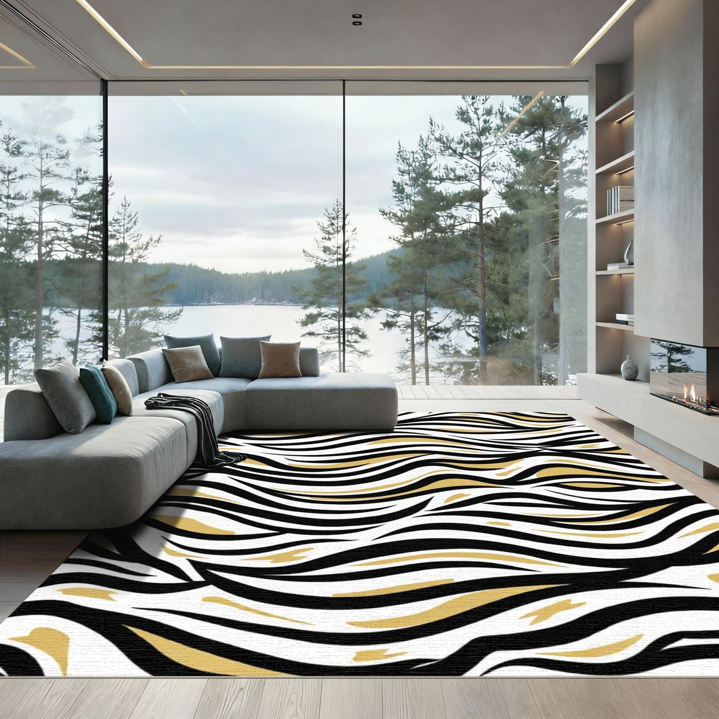 Bold Black And Gold Wavy Lines Rug