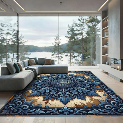 Elegant Navy Ornate Floral Medallion Rug