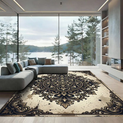Ornate Baroque Damask Antique Bronze Centerpiece Rug