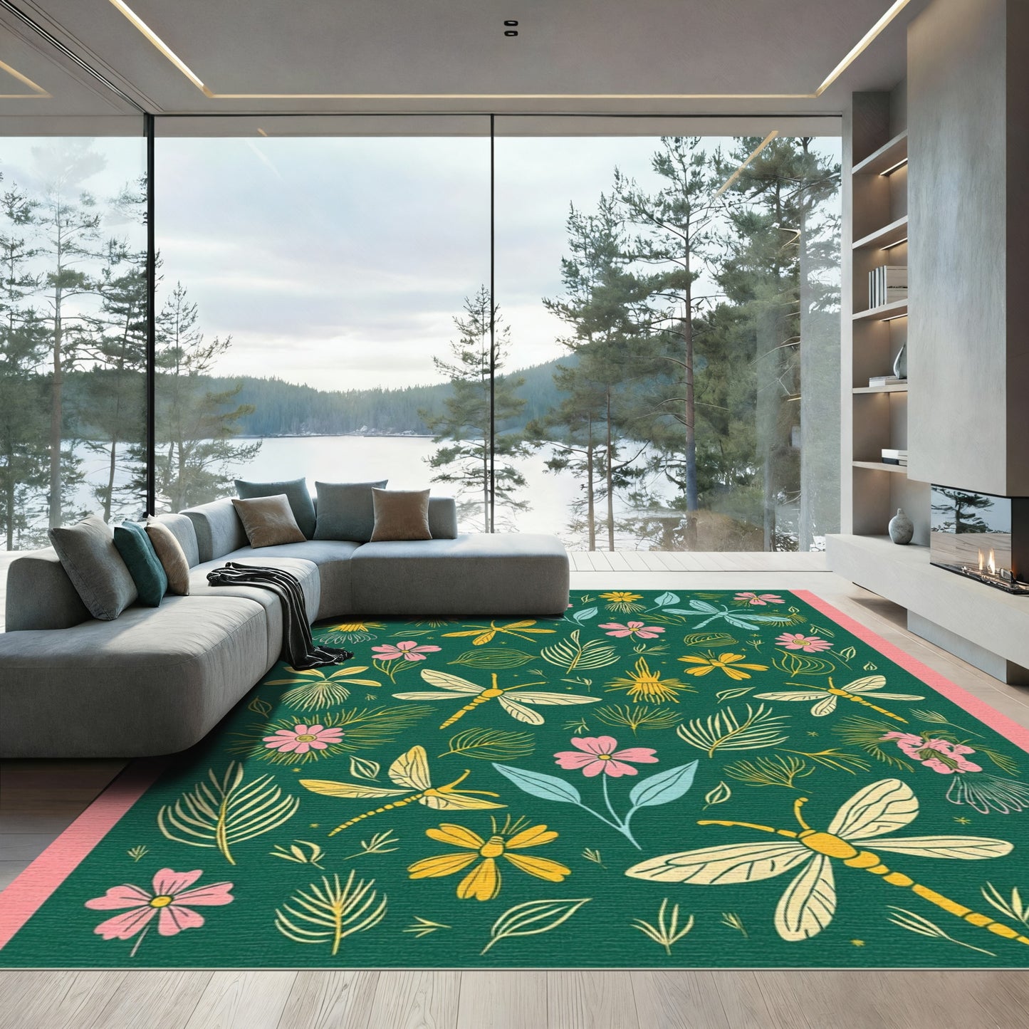 Green Dragonfly Meadow Floral Garden Rug