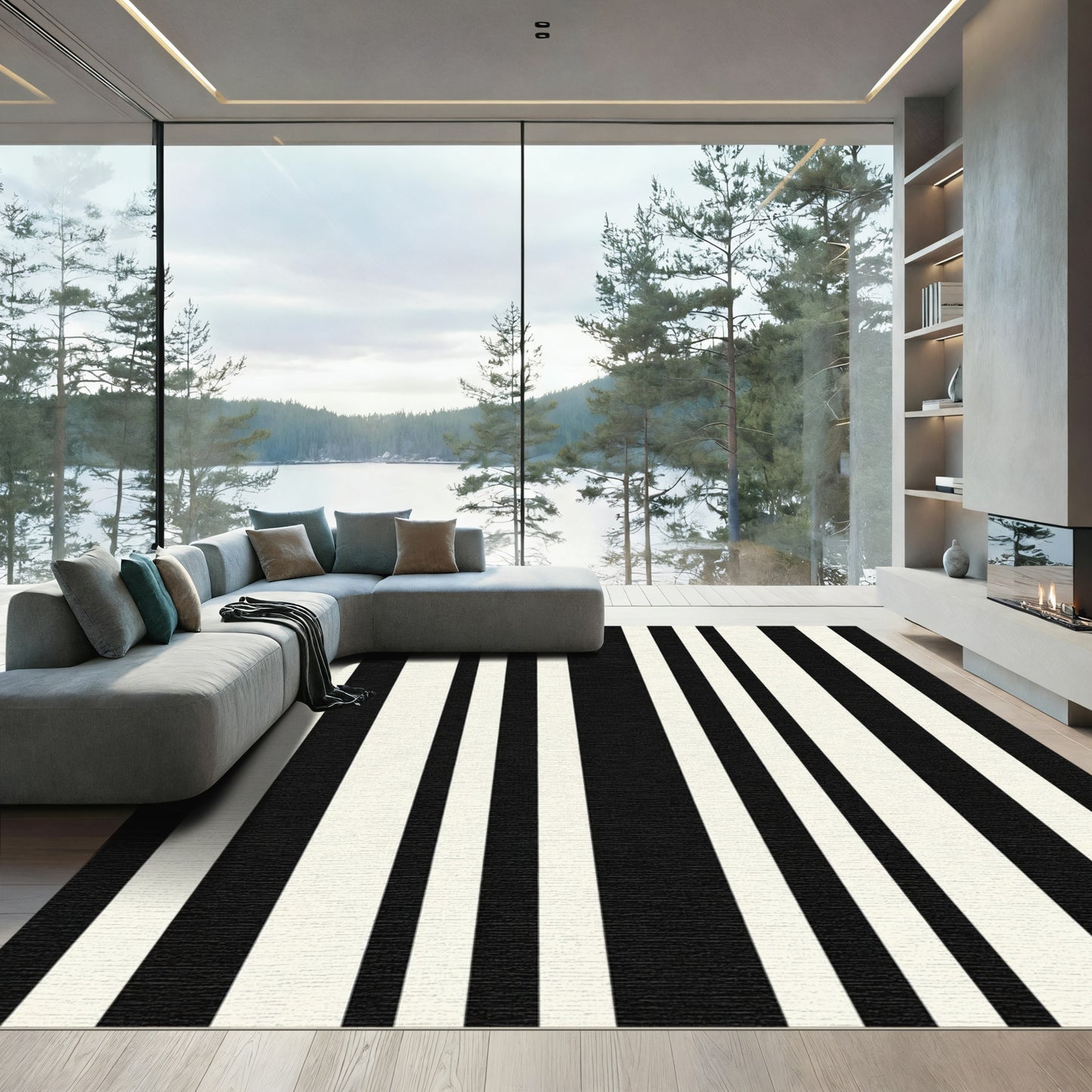 Bold Black Cream Vertical Stripes Rug