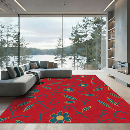 Red Teal Floral Foliage Whimsical Rug