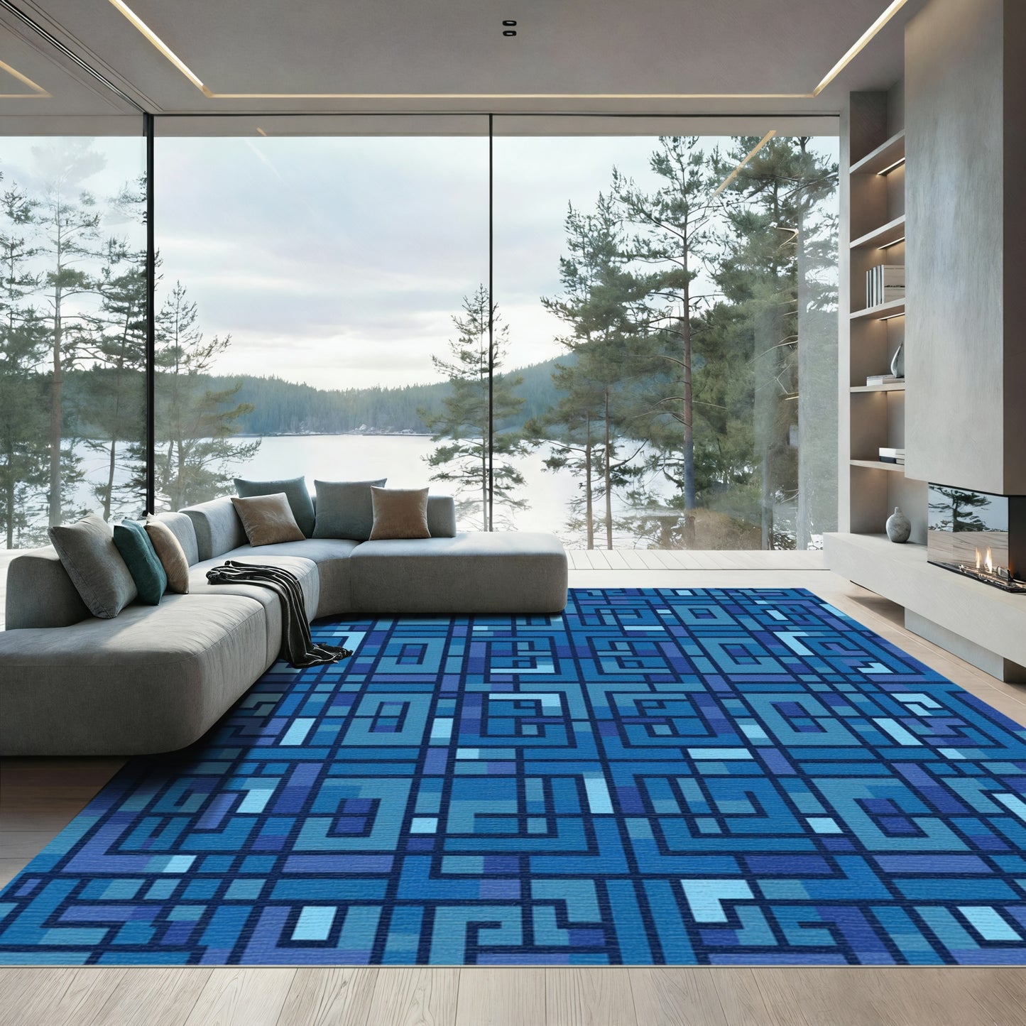 Deep Blue Geometric Maze Rug