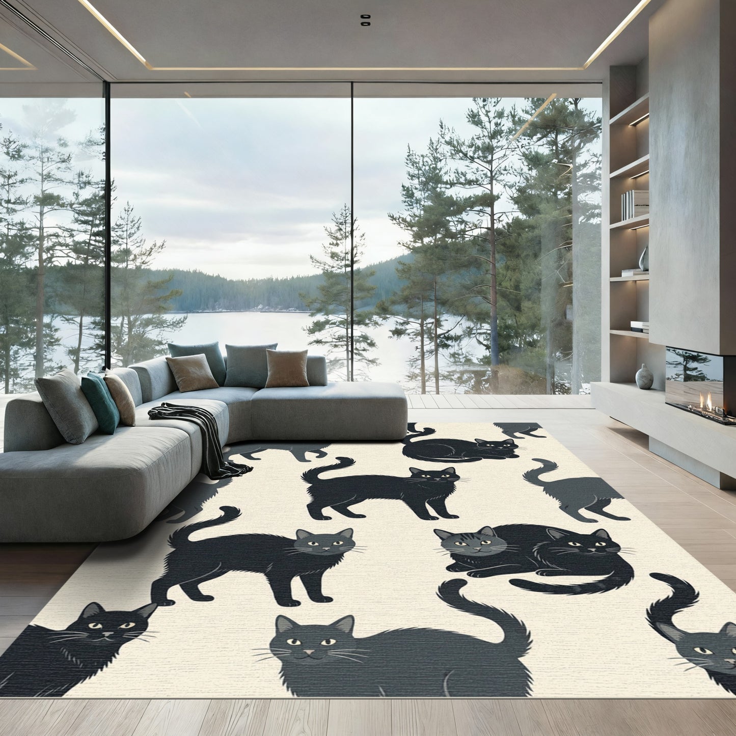 Whimsical Black Silhouette Cat Illustration Rug