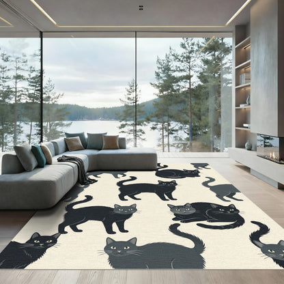 Whimsical Black Silhouette Cat Illustration Rug
