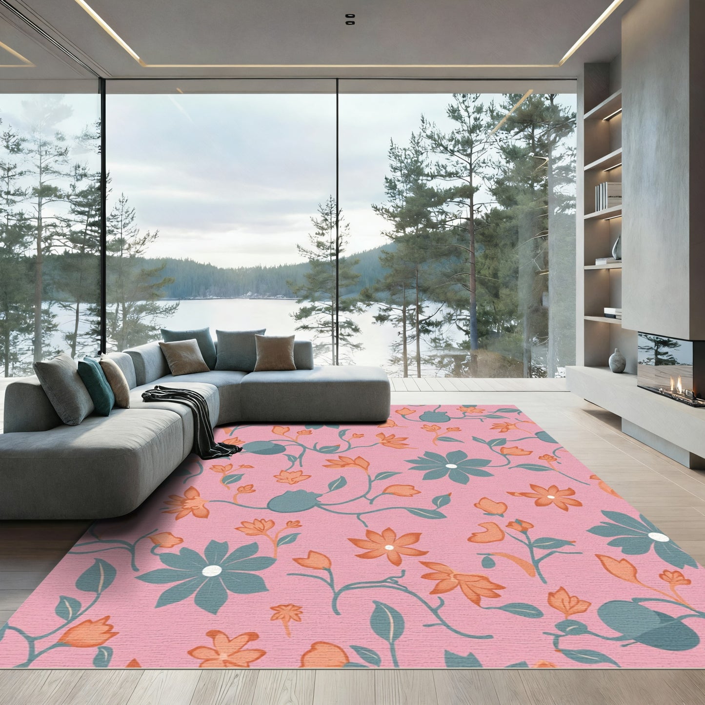 Coral Teal Floral Sprig Harmony Rug