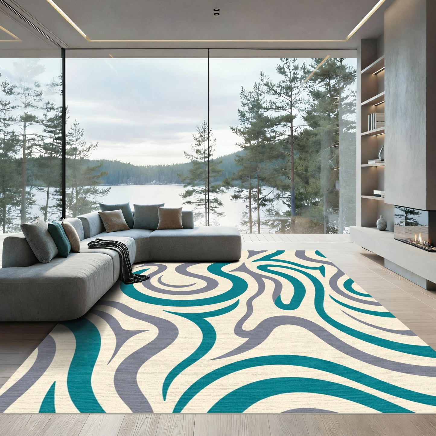 Teal Gray Flow Abstract Line Rug