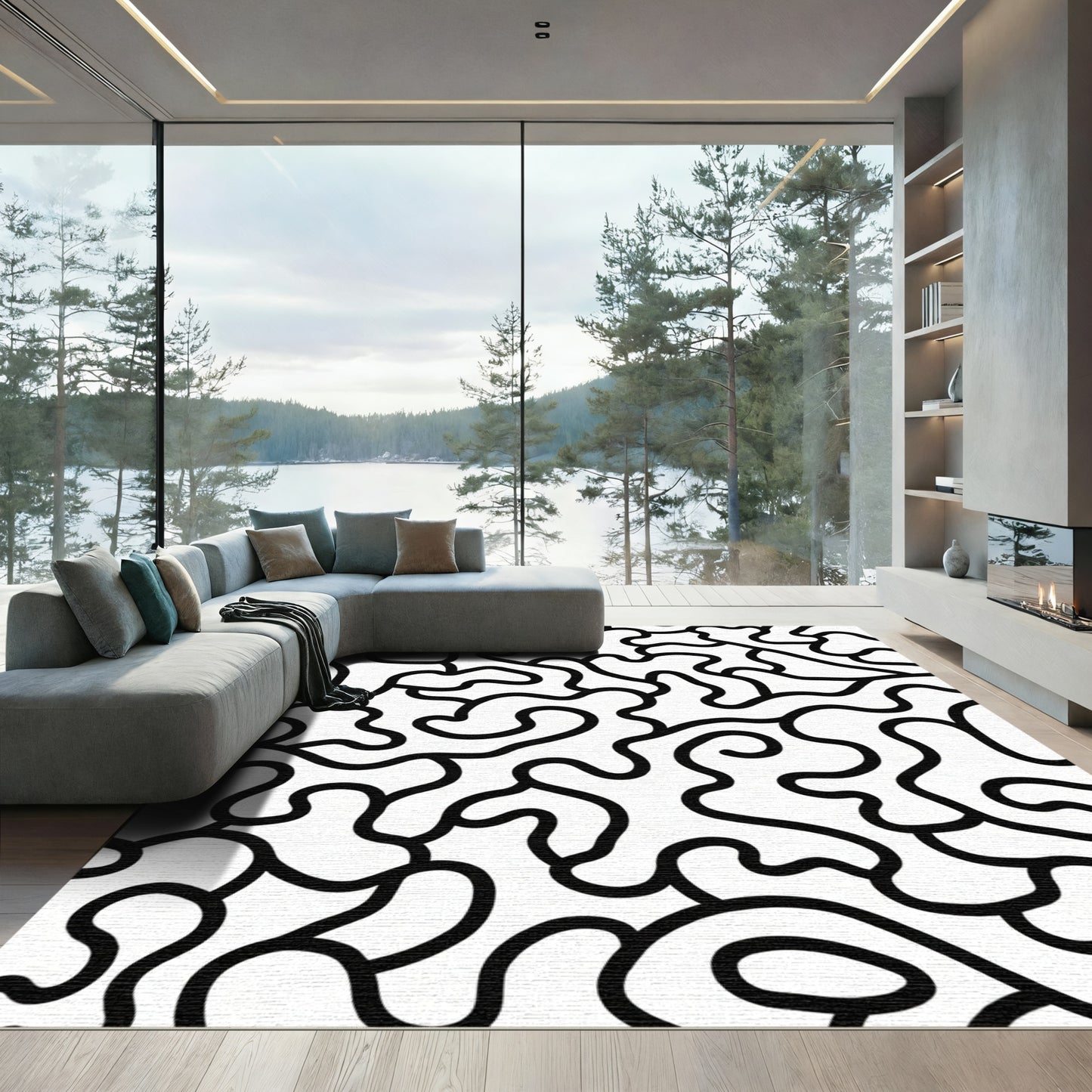 Black White Abstract Organic Lines Rug
