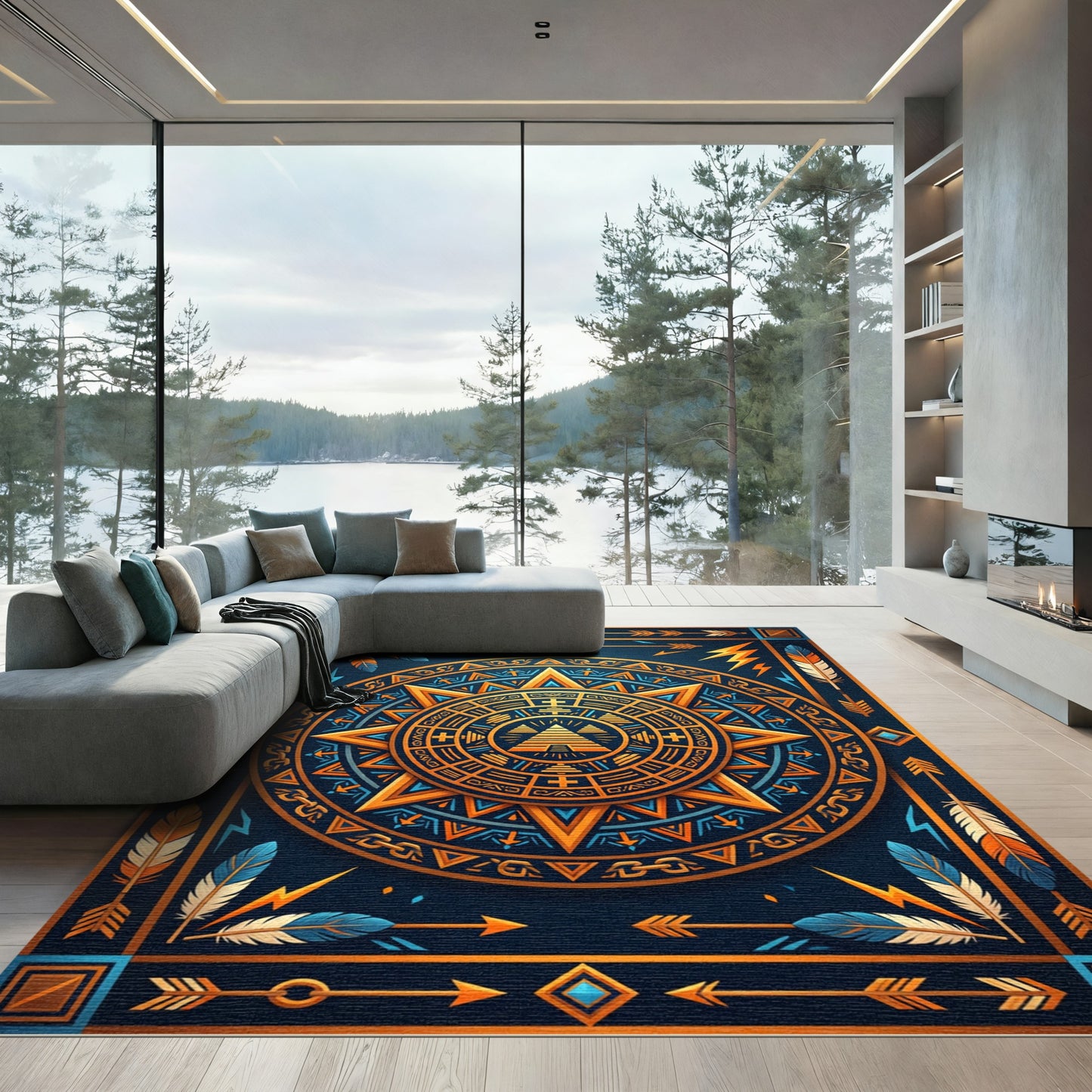 Golden Sun Aztec Celestial Geometric Tapestry Rug