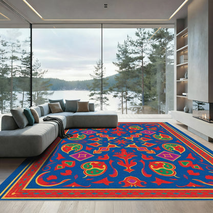 Vibrant Blue Red Golden Mandala Rug