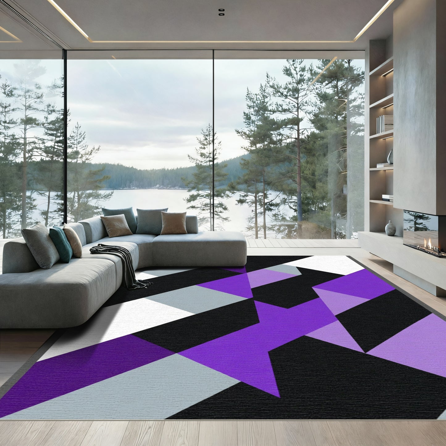 Modern Geometric Purple Black White Rug