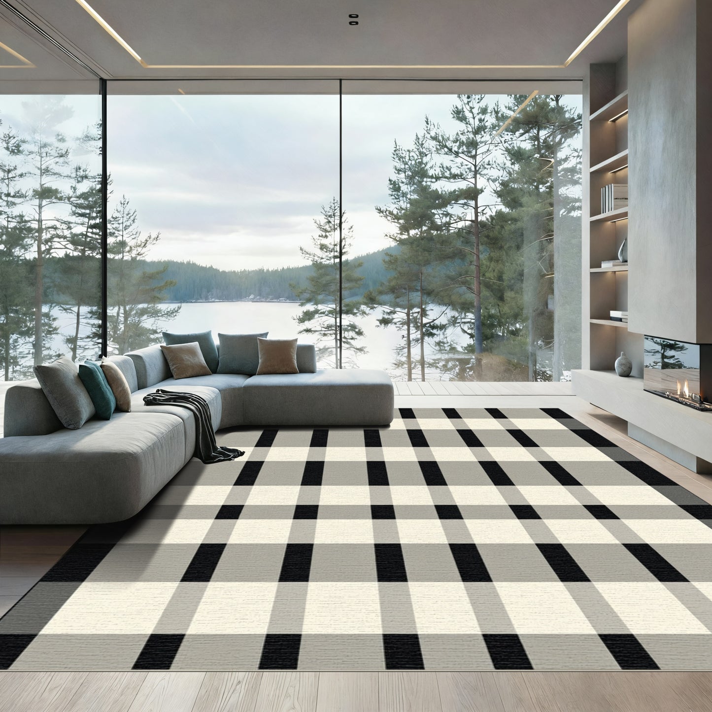 Classic Black Cream Plaid Stripes Rug