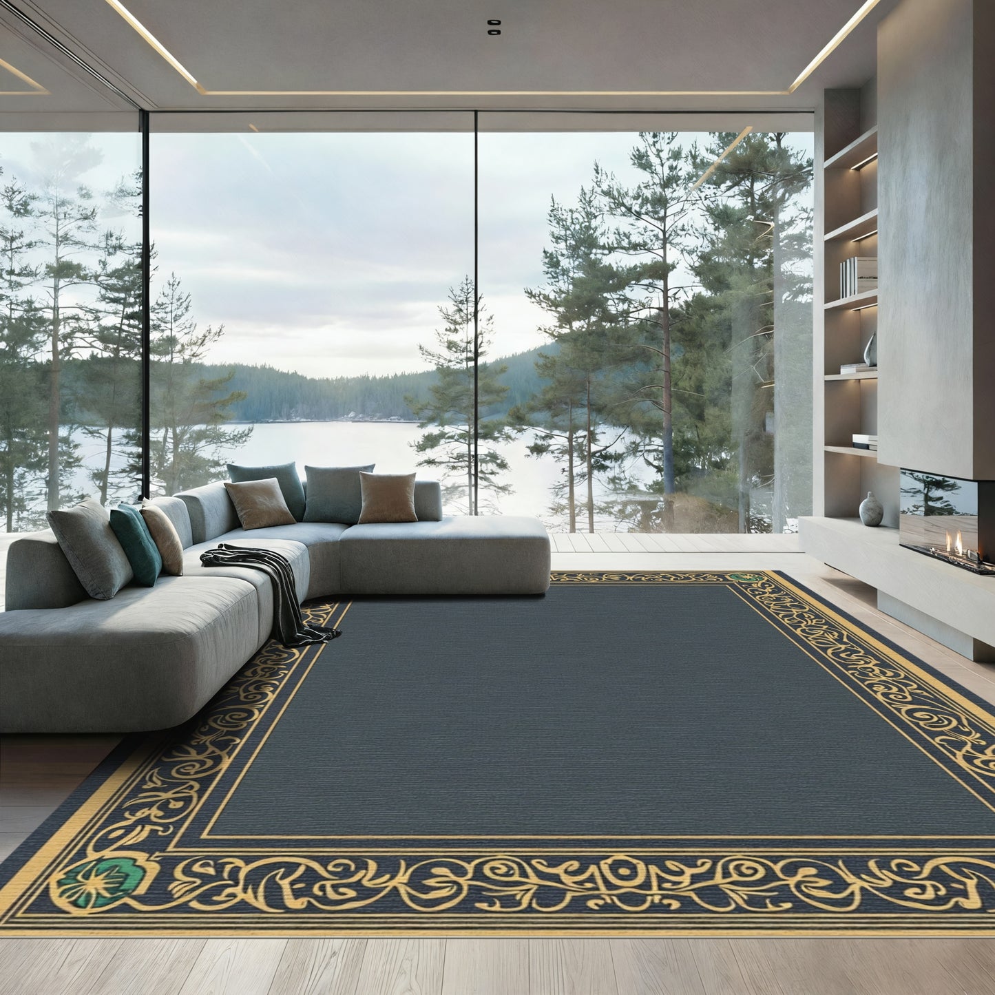 Ornate Teal Golden Leaf Border Rug