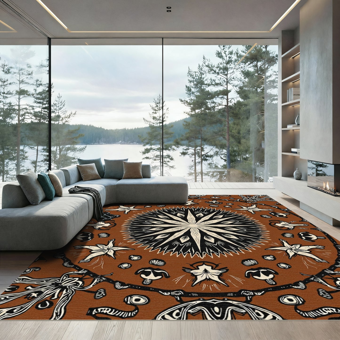 Brown Starburst Floral Mandala Rug