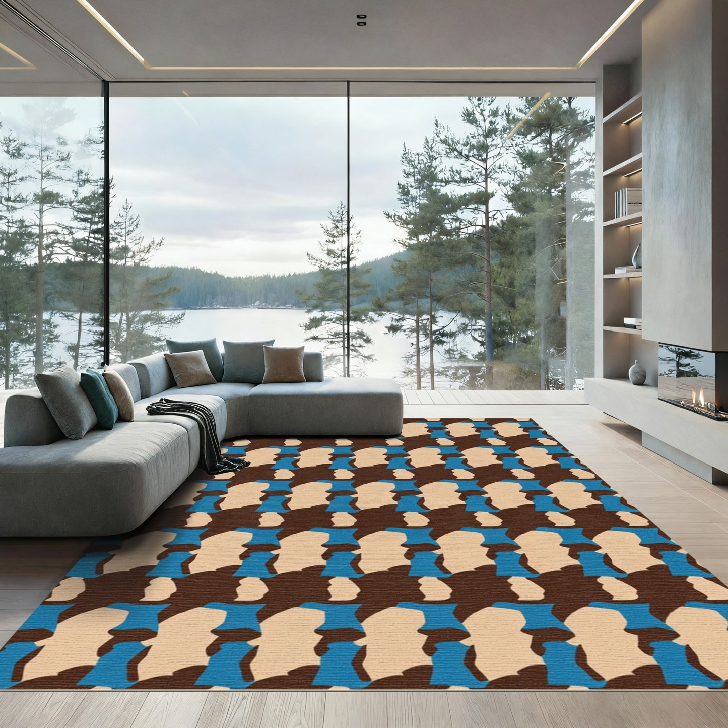 Abstract Beige Blue Brown Shapes Rug