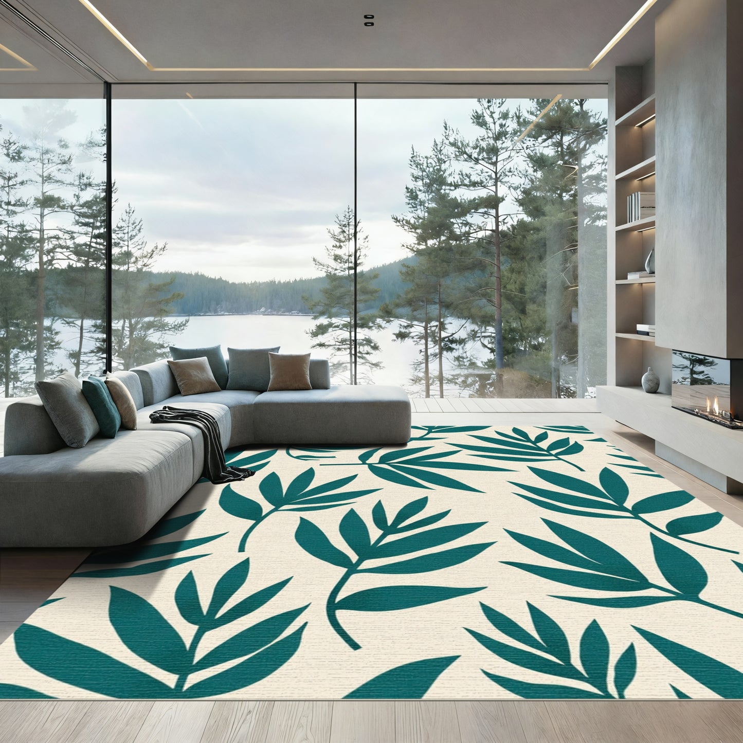 Teal Green Leafy Branch Arrangement Rug