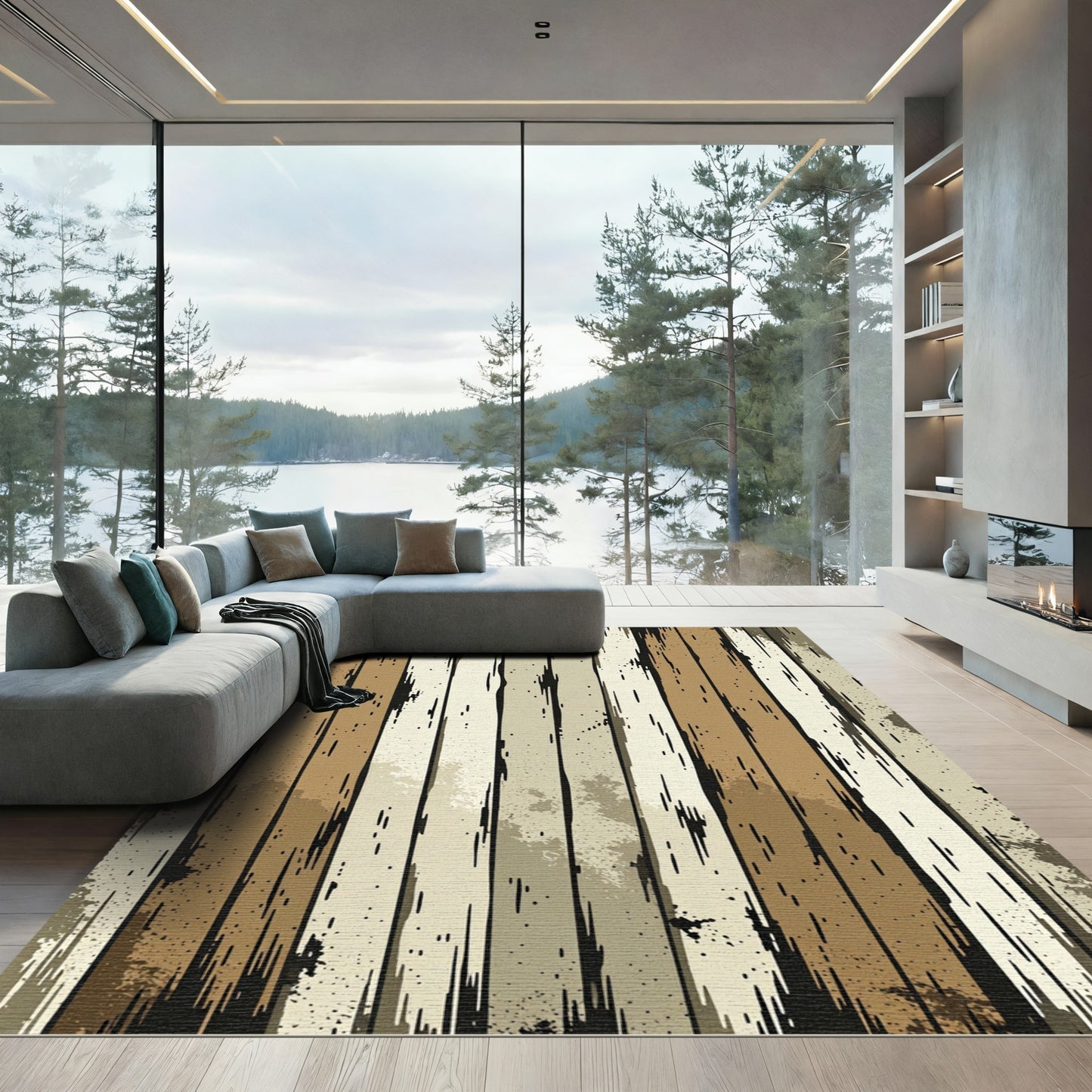 Rustic Earth Tone Vertical Wood Grain Rug