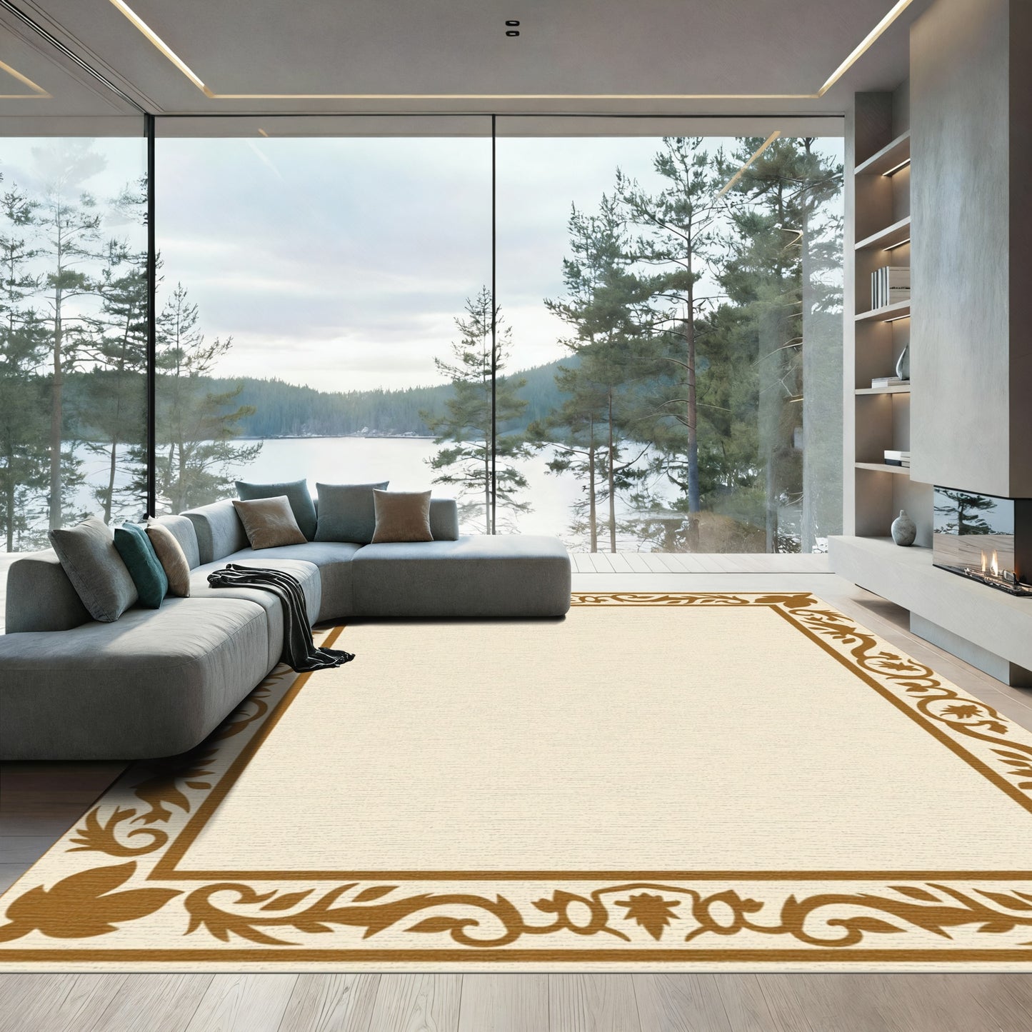 Ornate Golden Leaf Vine Frame Rug