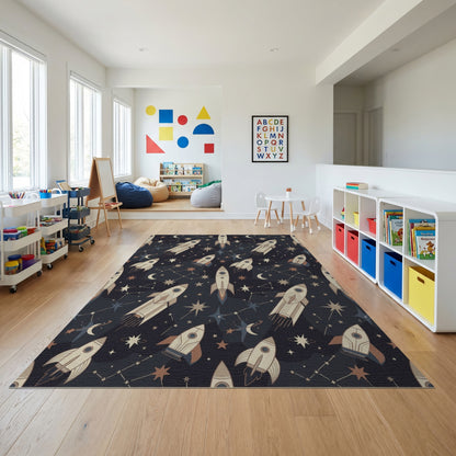 Starry Navy Rockets Crescent Moons Rug