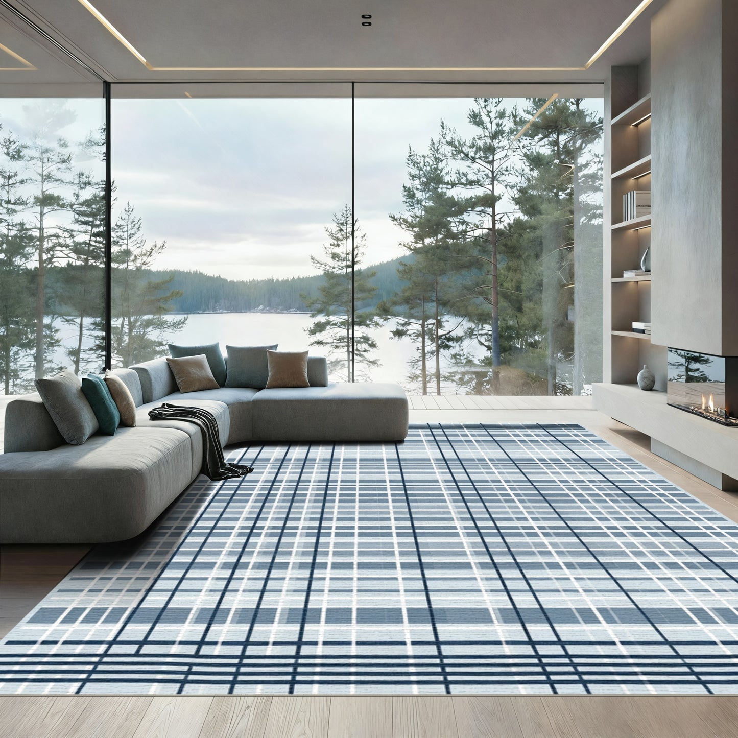 Classic Navy Blue Plaid Tartan Rug