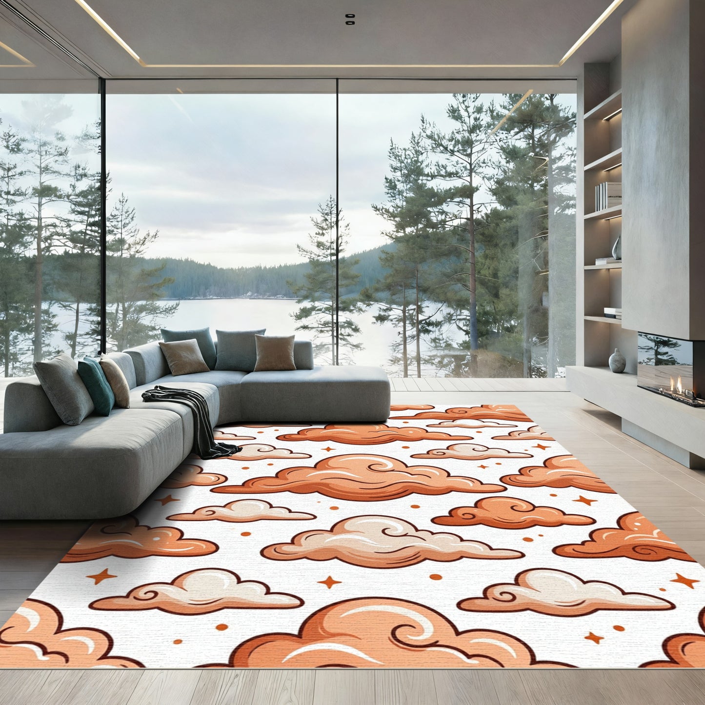 Whimsical Peach Cloud and Star Sky Rug