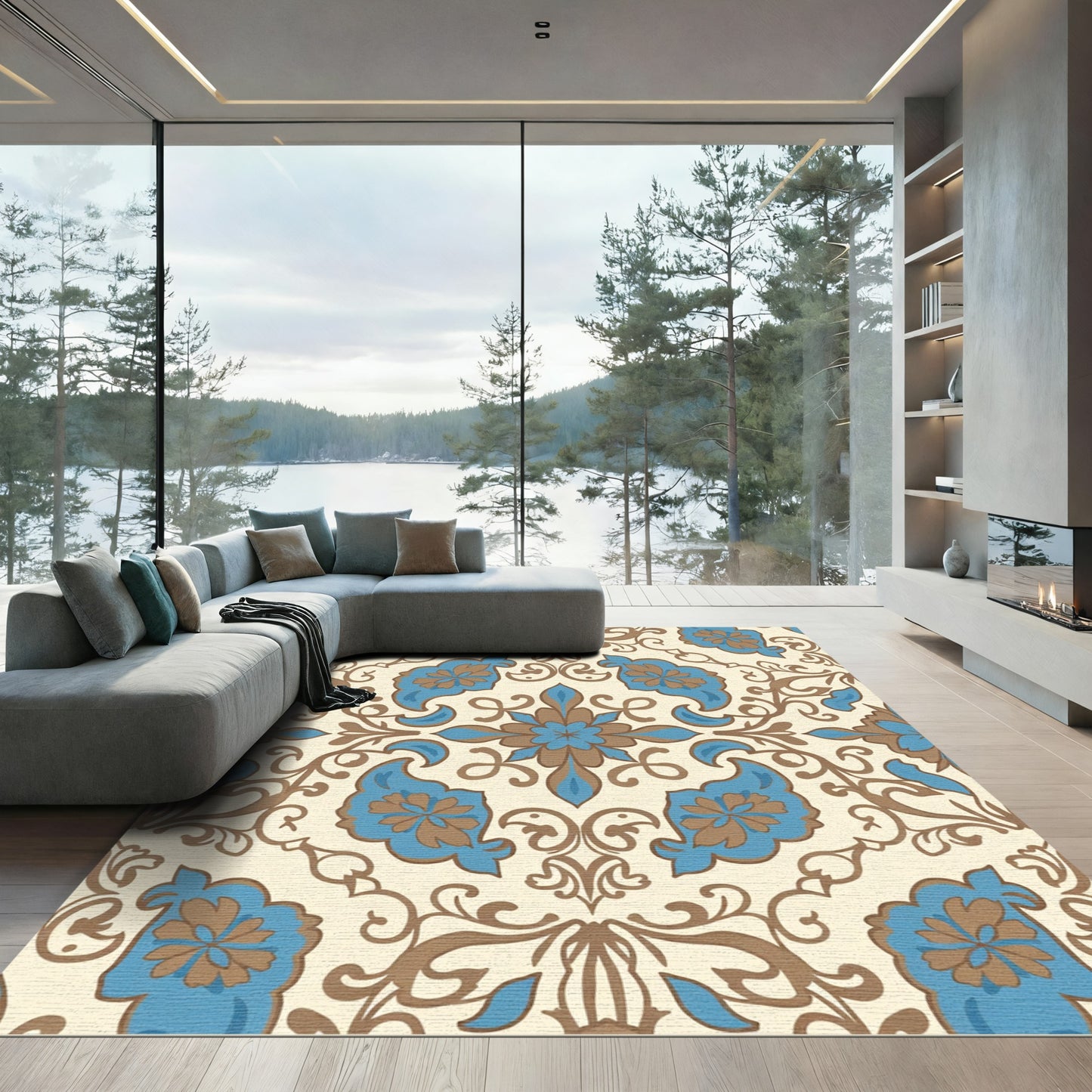 Cream Tan Blue Floral Medallion Rug