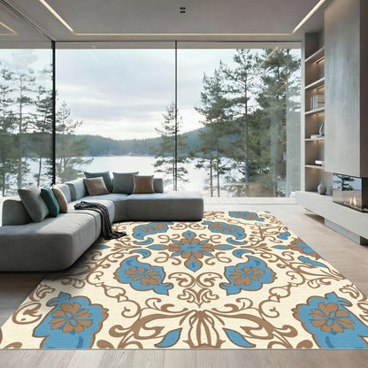Cream Tan Blue Floral Medallion Rug