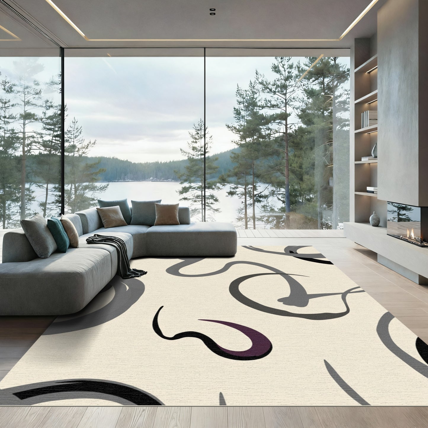 Neutral Gray Purple Swirl Abstract Rug