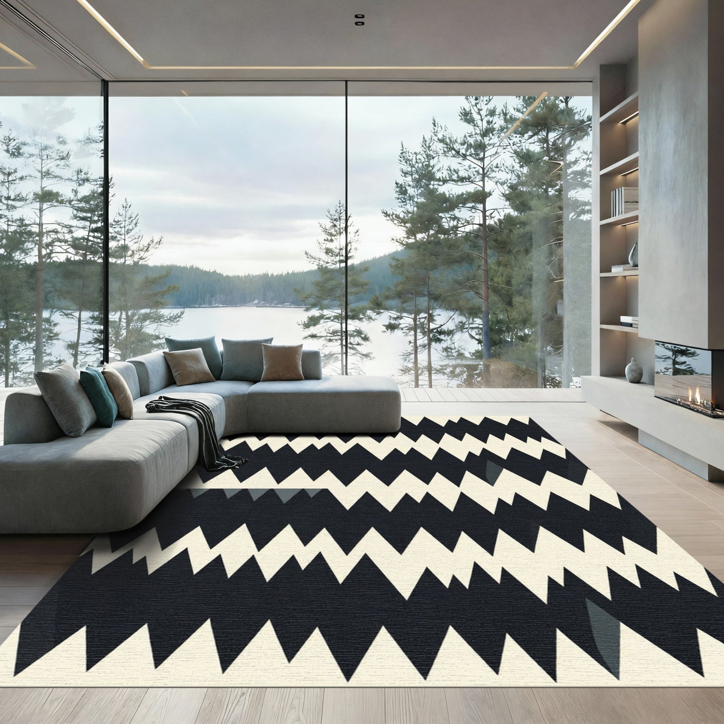 Modern Black White Jagged Stripe Rug