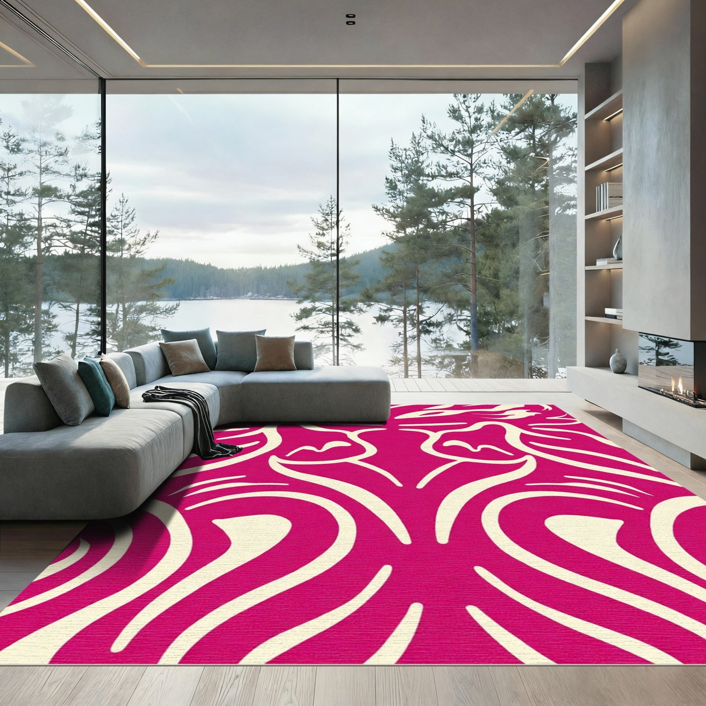 Bold Magenta Cream Abstract Swirls Rug