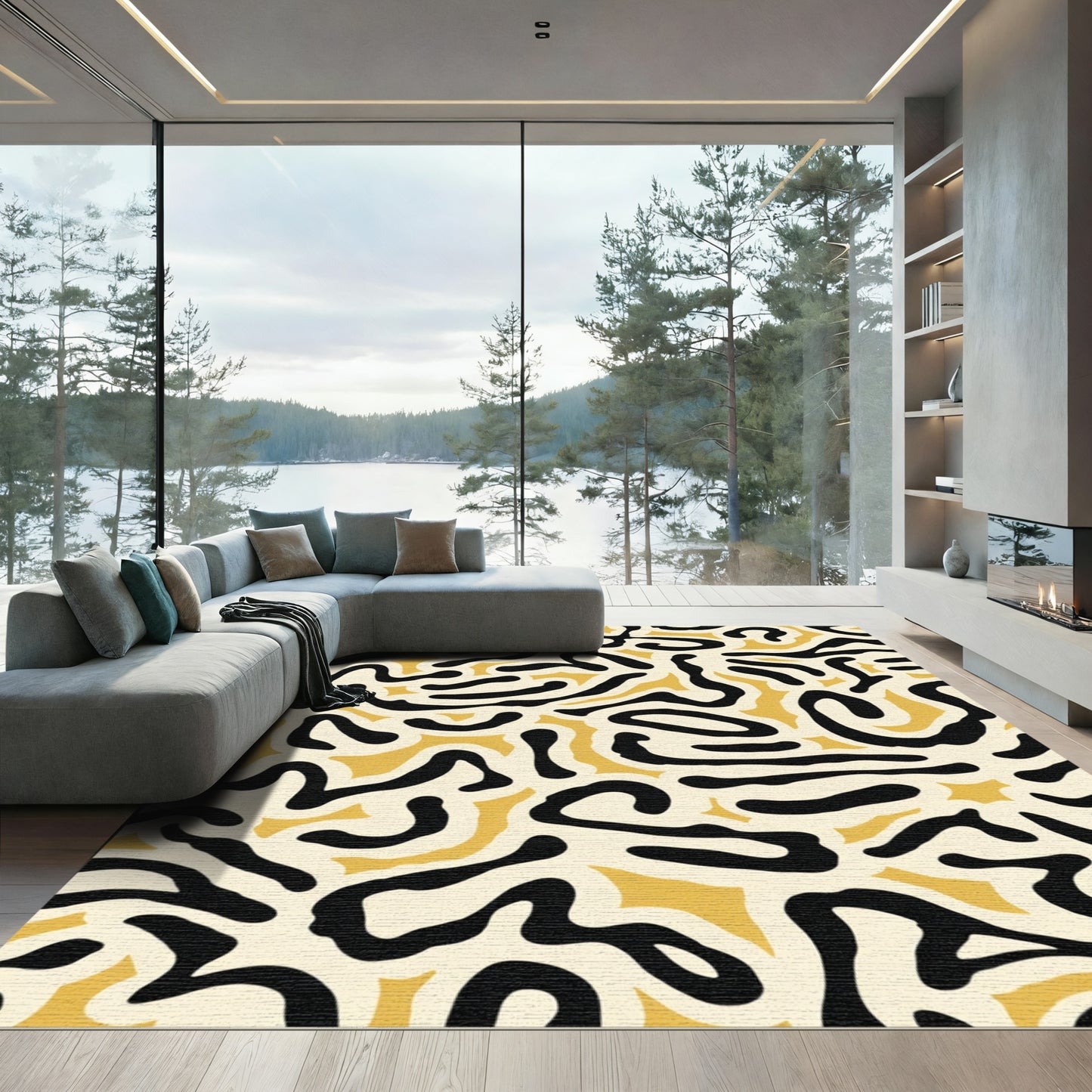 Abstract Black Yellow Swirl Shapes Rug