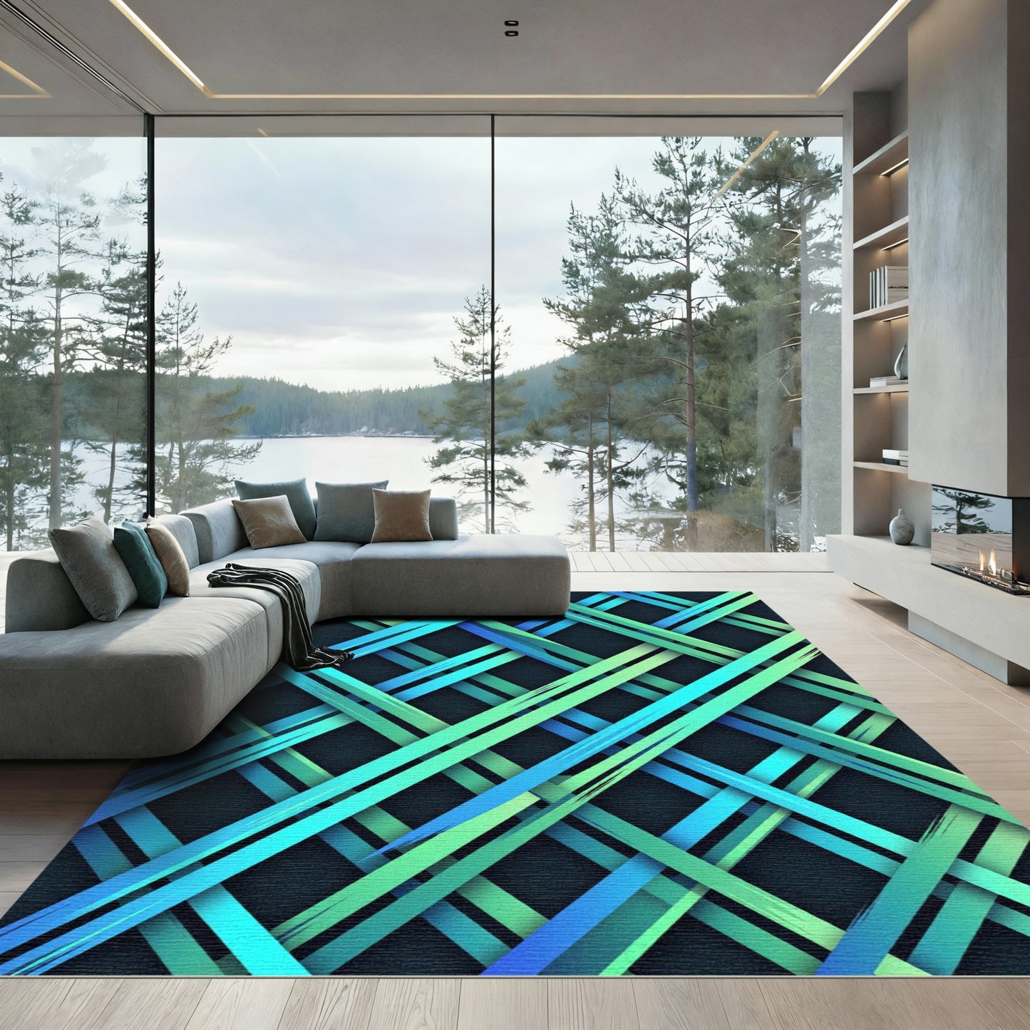 Modern Teal and Lime Intersecting Stripe Rug