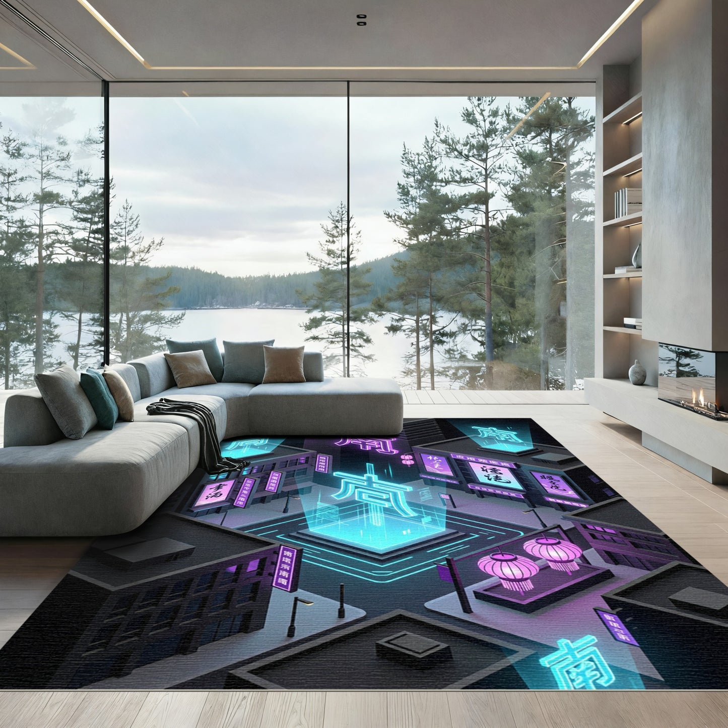 Neon Cyberpunk Floating Kanji Cityscape Rug