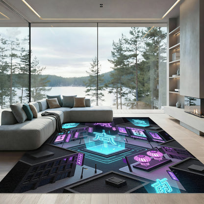 Neon Cyberpunk Floating Kanji Cityscape Rug