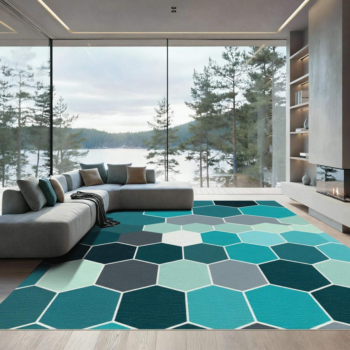 Deep Teal Hexagon Geometric Gradient Rug