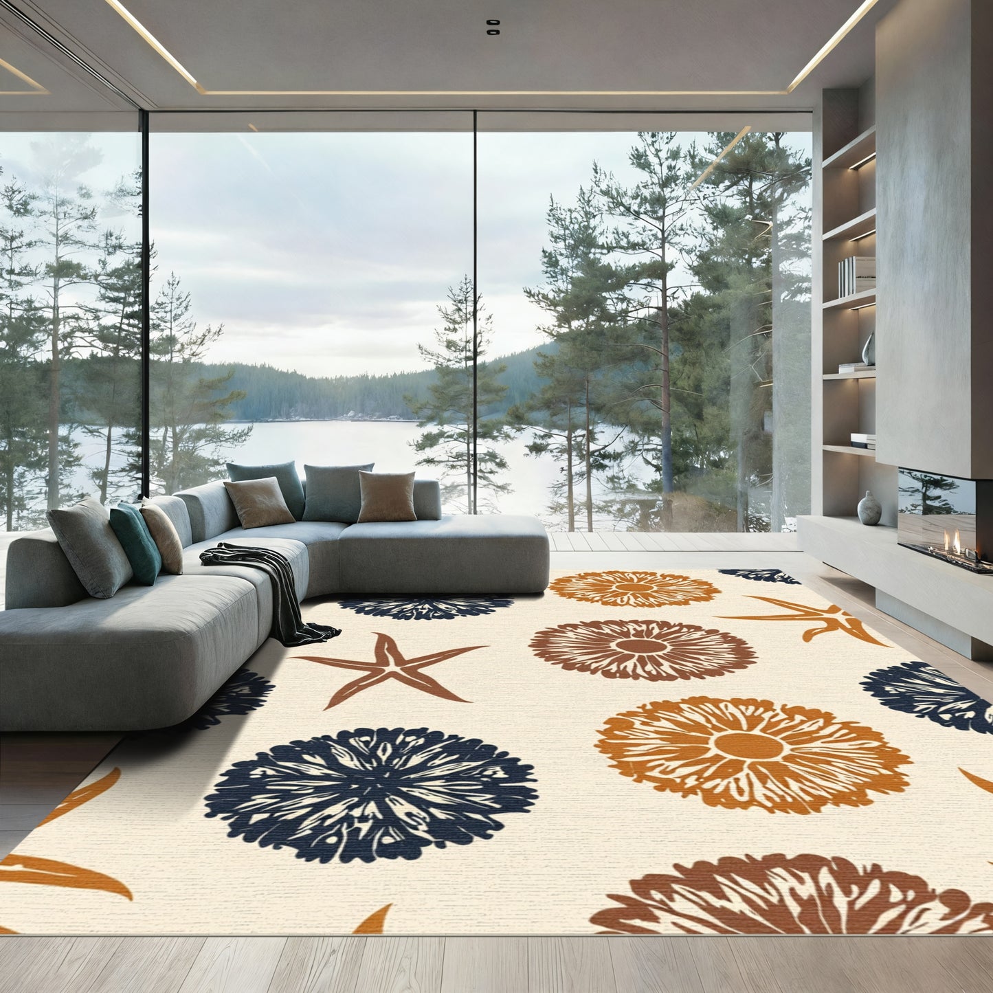 Navy Orange Floral Starfish Medley Rug