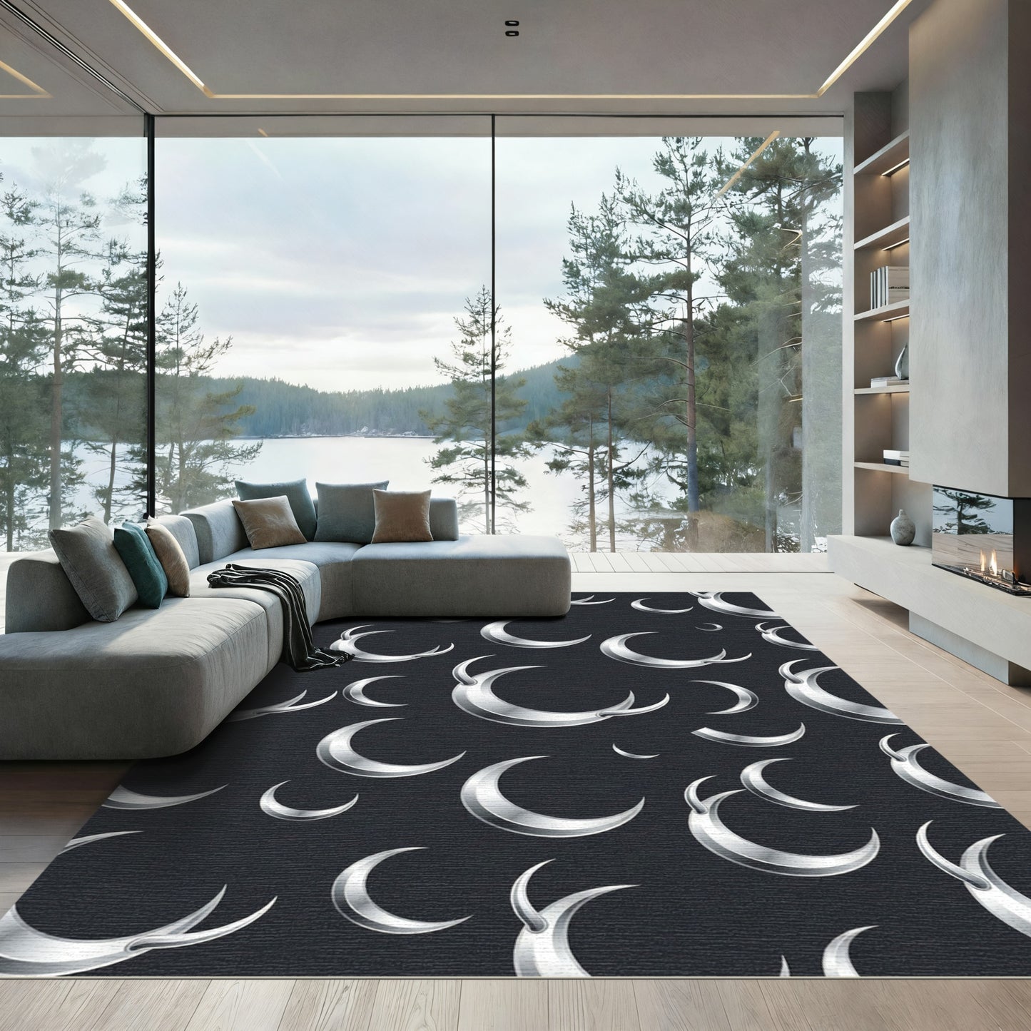 Metallic Silver Crescent Moon Sky Rug