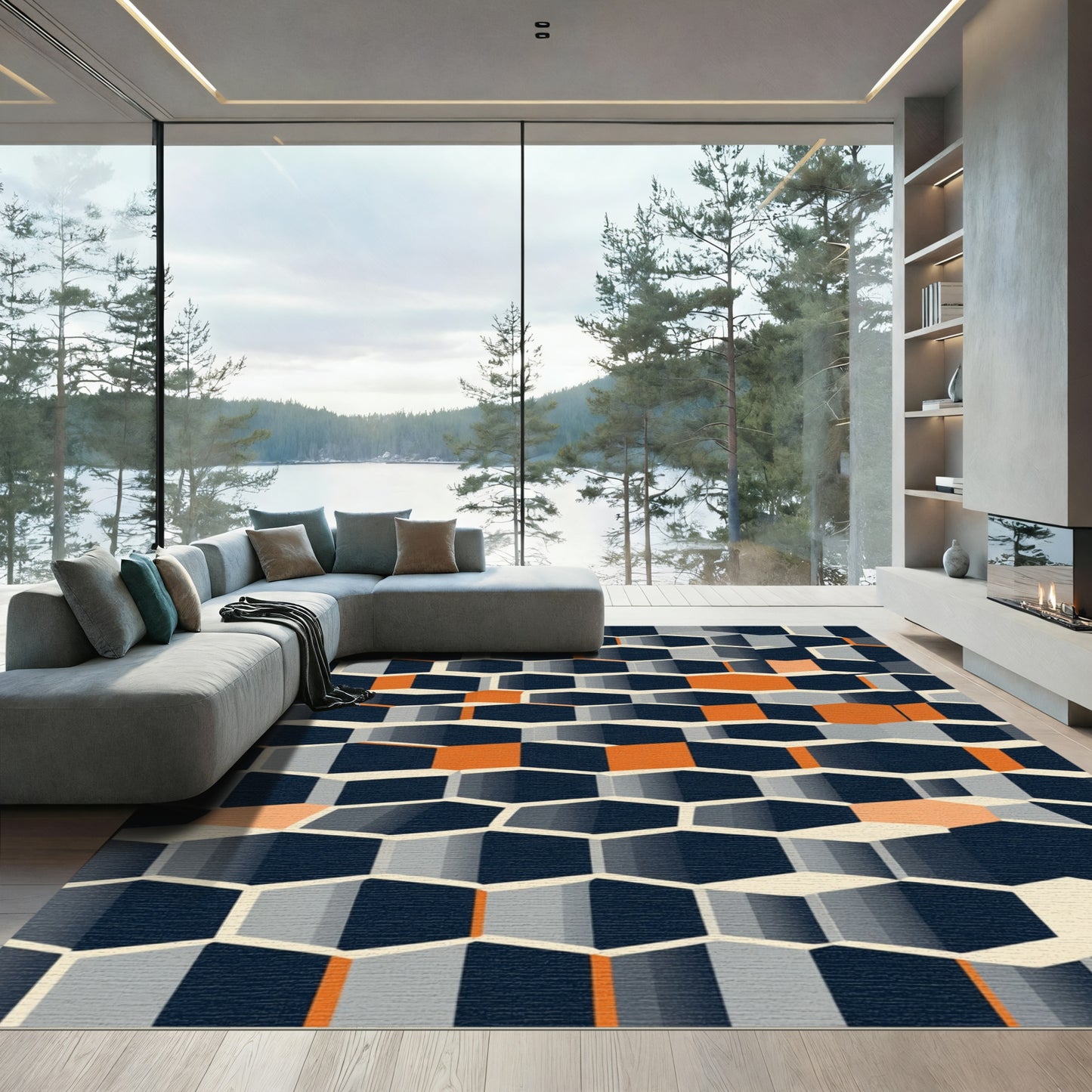 Geometric Honeycomb Inlaid Rug