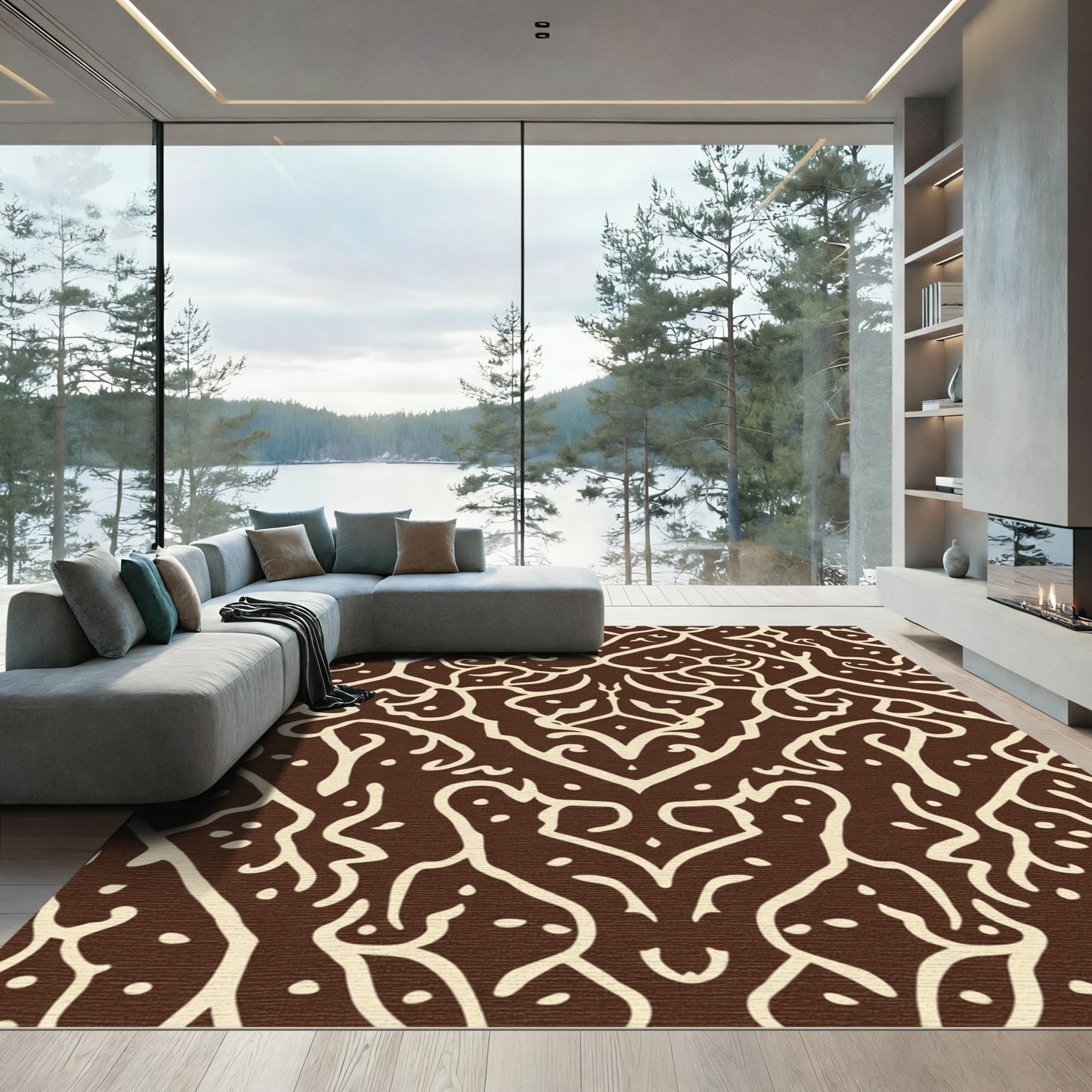 Brown Cream Intricate Floral Damask Rug