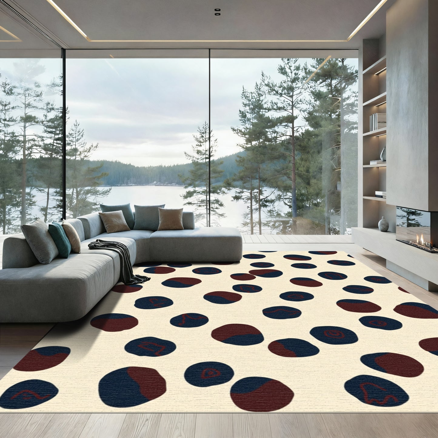 Deep Blue Burgundy Pebble Arrangement Rug