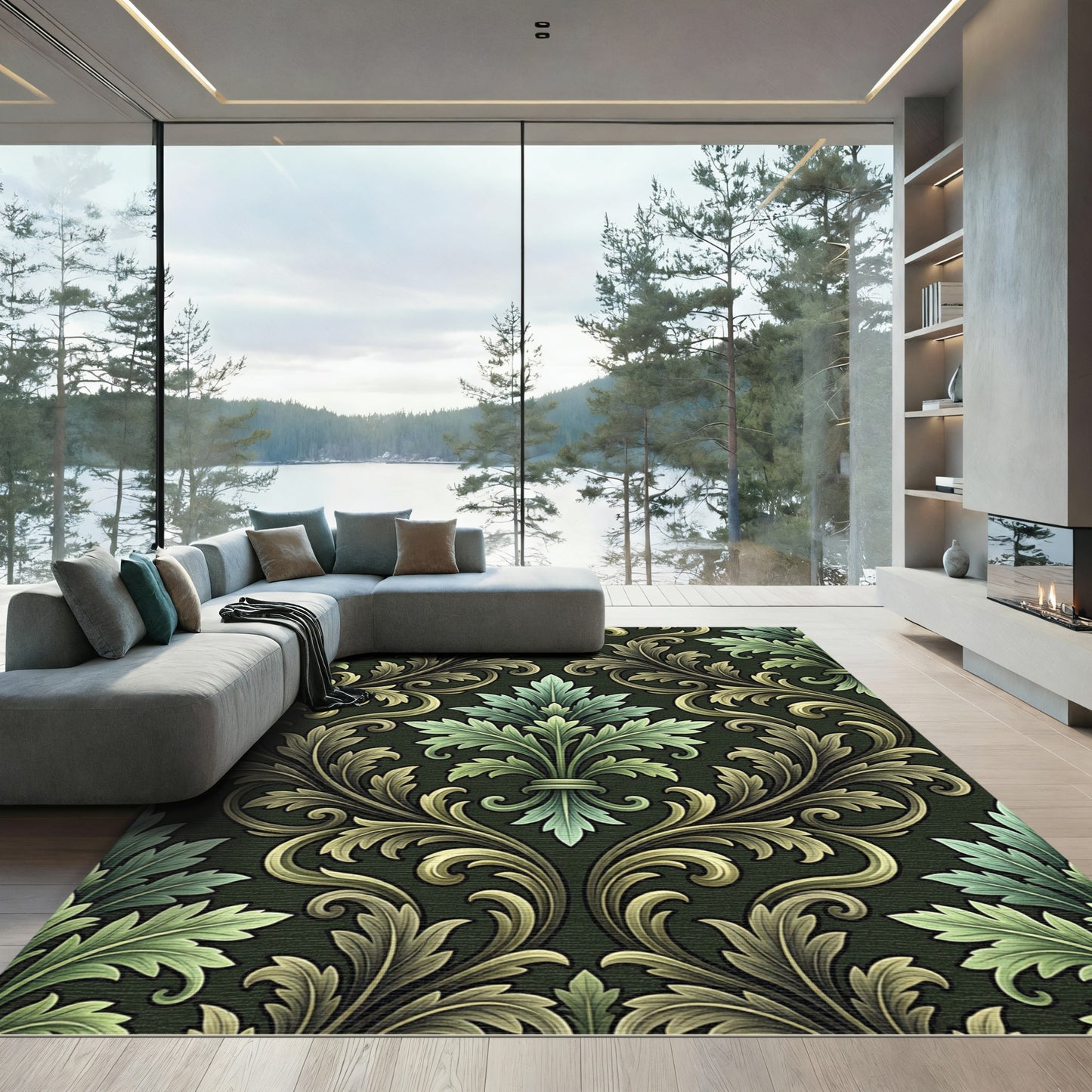 Ornate Green Rococo Fleur-de-lis Rug