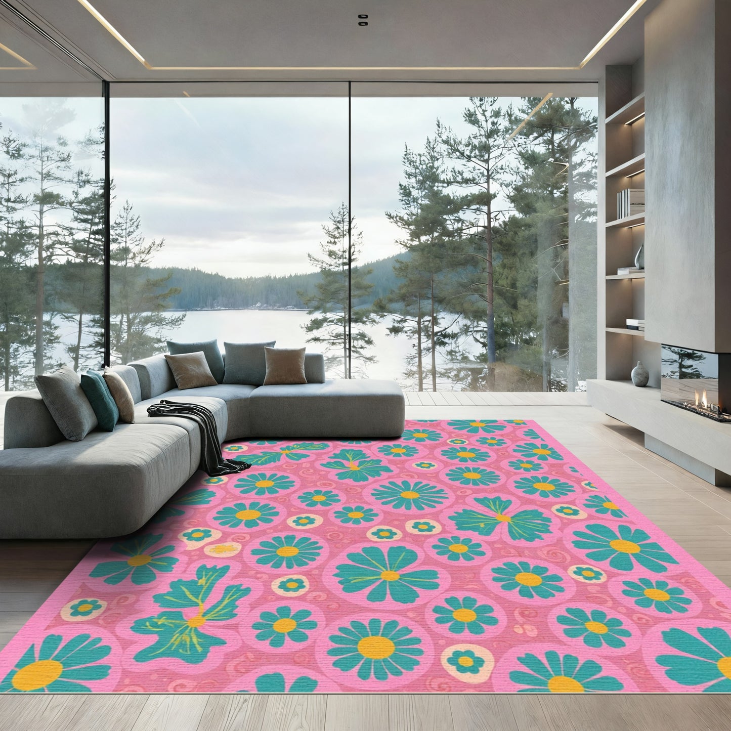 Pink Blooming Teal Yellow Floral Whimsical Rug
