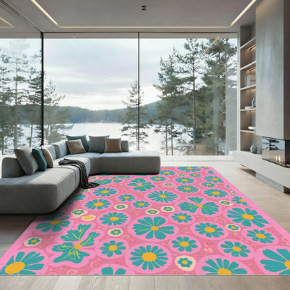 Pink Blooming Teal Yellow Floral Whimsical Rug