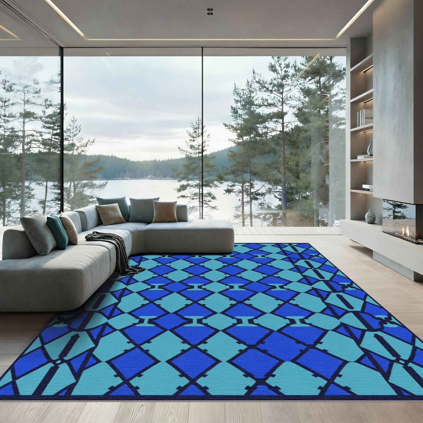 Sapphire Blue Diamond Lattice Rug
