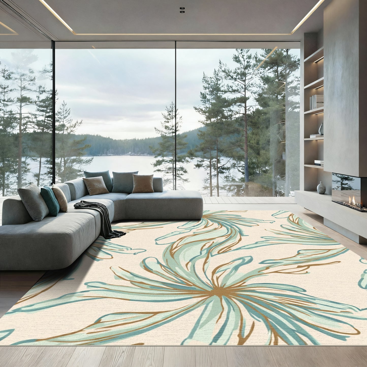 Aqua Tan Large Floral Brushstrokes Rug