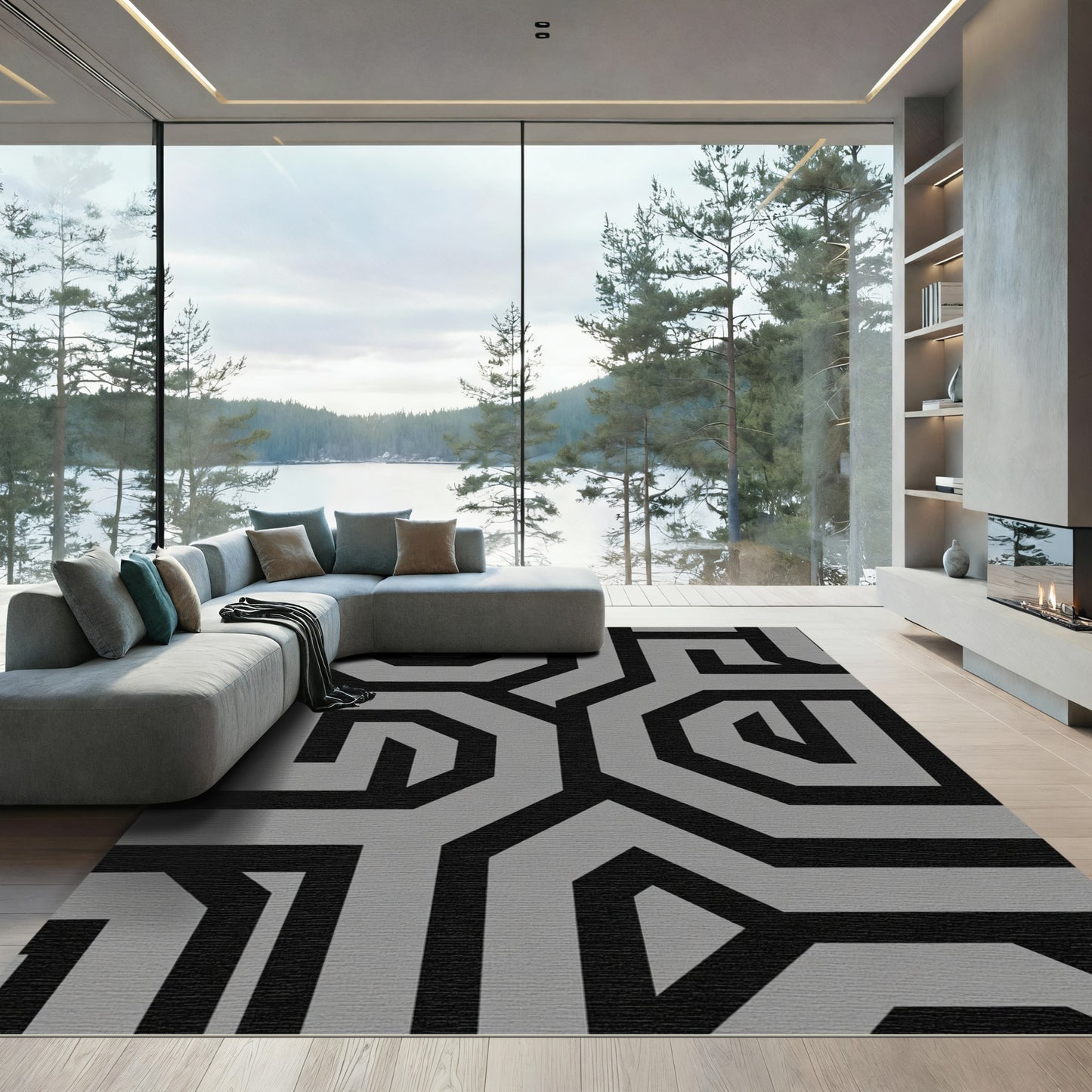Abstract Black Gray Geometric Labyrinth Rug