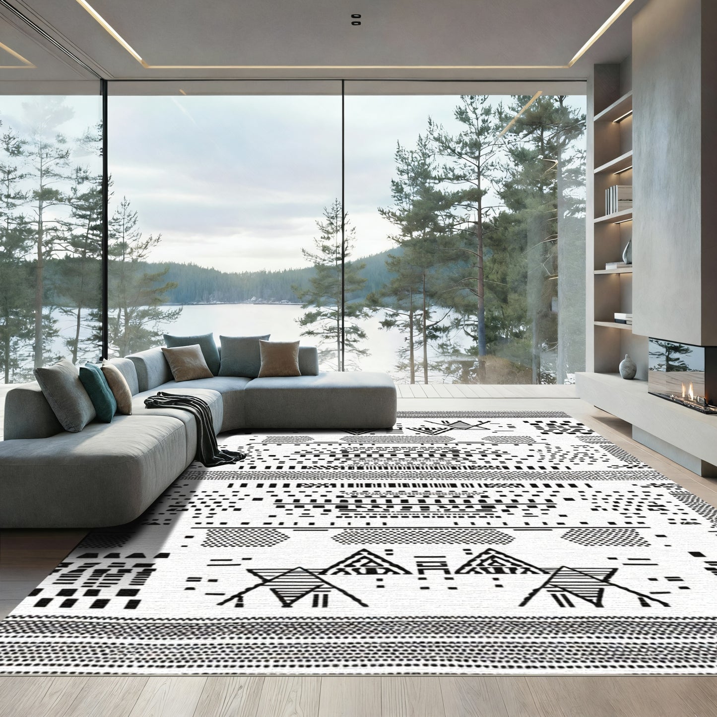 Bold Tribal Geometric Black White Rug