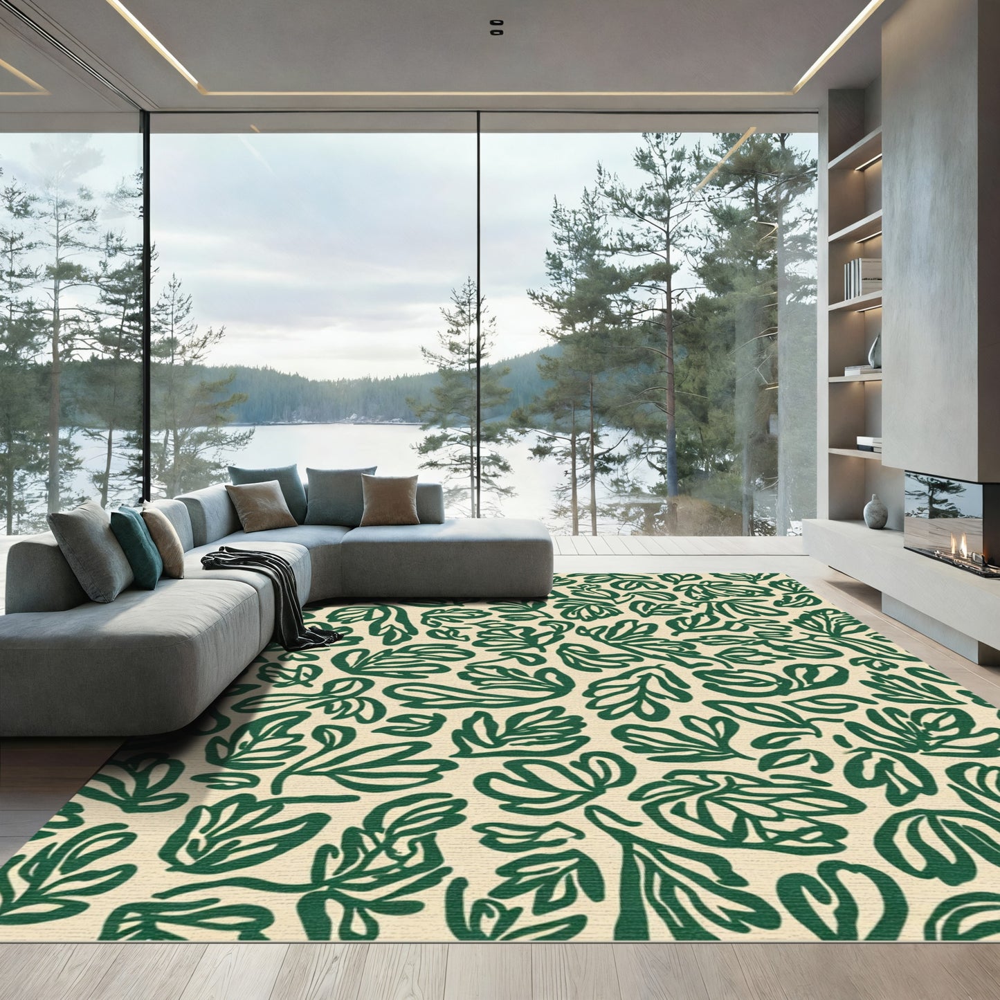 Dark Green Leafy Abstract Pattern Rug