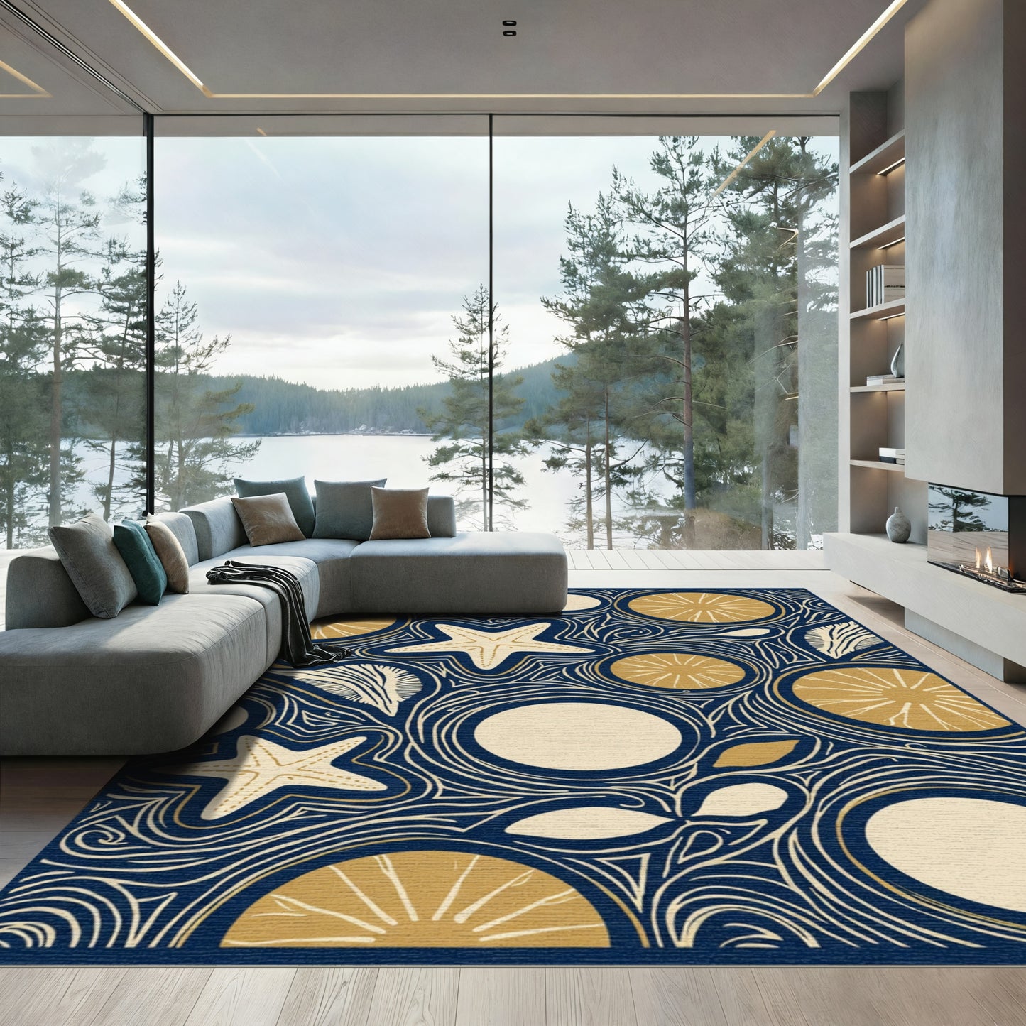 Navy Gold Starfish Citrus Swirl Rug