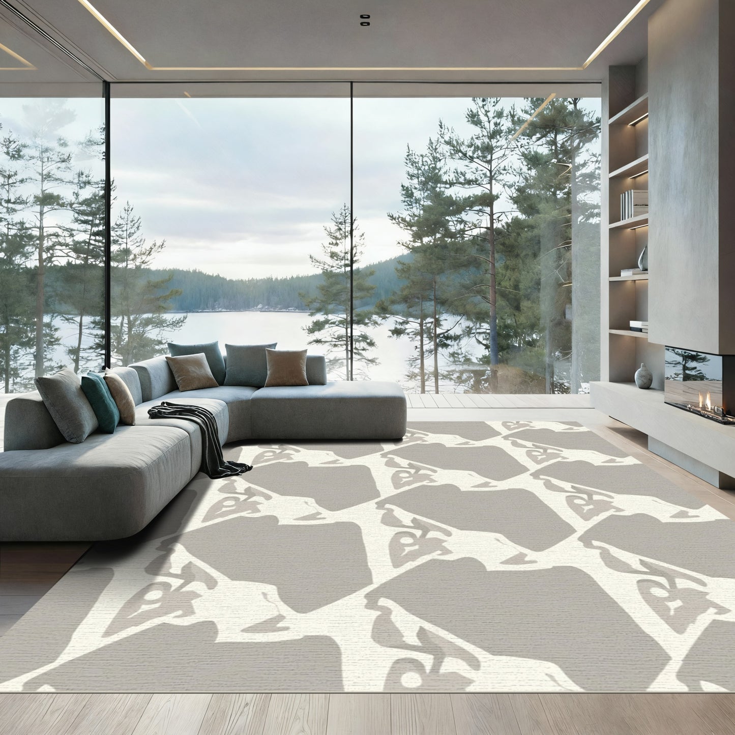 Gray And Cream Abstract Overlap Shapes Rug